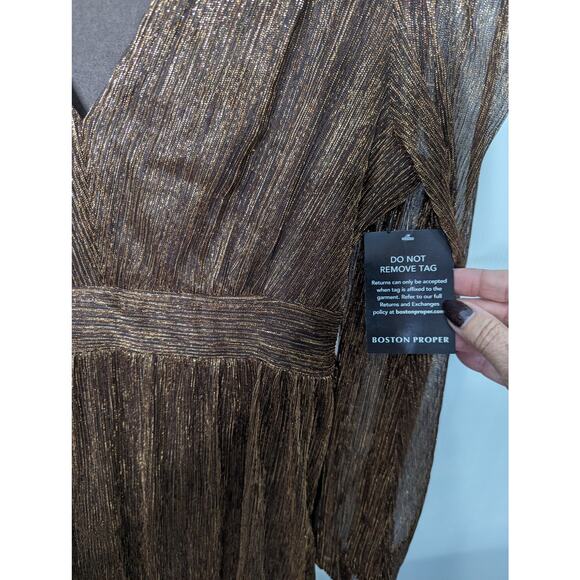 Boston Proper Bronze Metallic Pleated Above the Knee Dress NWT Size 12 - Picture 6 of 9
